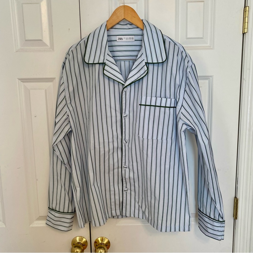 Zara Pajama Style Shirt Light blue green stripe Size L